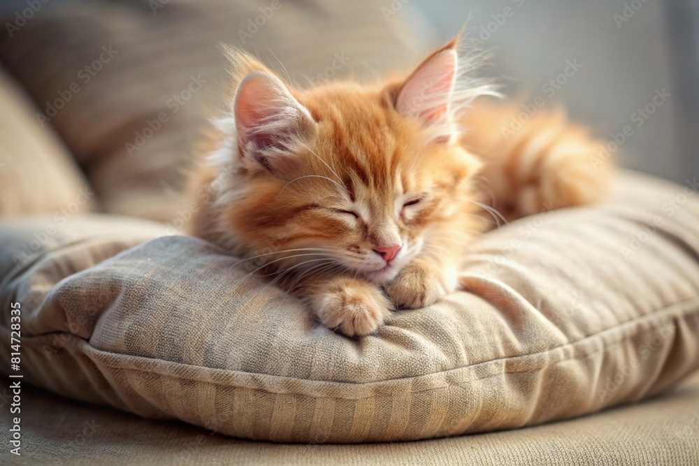Obraz premium A cute red fluffy kitten is sleeping on a pillow by the window. The cat is comfortably ensconced in his favorite place to relax in the rays of the sun.