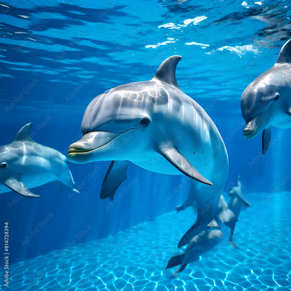 Obraz premium dolphins swimming in the clear blue water of the pool closeup,Close-up of dolphins in their natural habitat, clear blue waters reflecting sunlight.generate ai 
