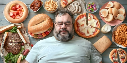 The title  Obese man surrounded by junk food highlights obesity and poor nutrition issue  can be changed to  Illustrating the issue of obesity and poor nutrition with an image of an obese man surroun