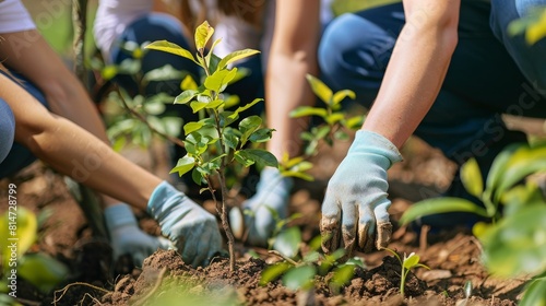 A photo of environmental activists planting trees  symbolizing efforts to combat climate change and environmental degradation
