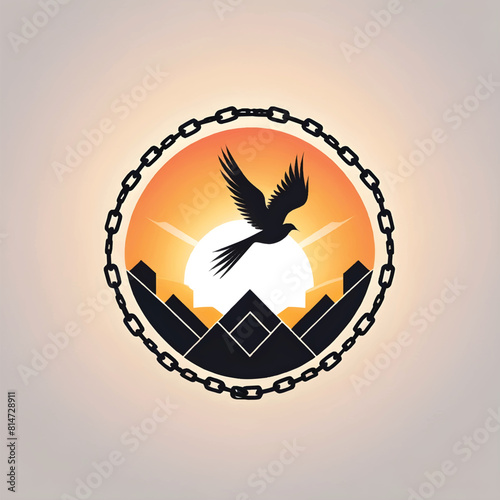 a logo of a bird flying over a city with a sunset in the background