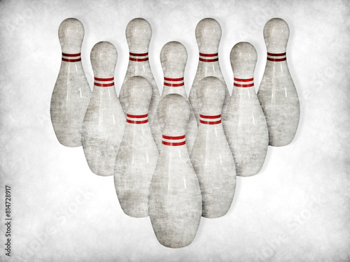 Grungy tenpin bowling pins isolated on a grungy white background