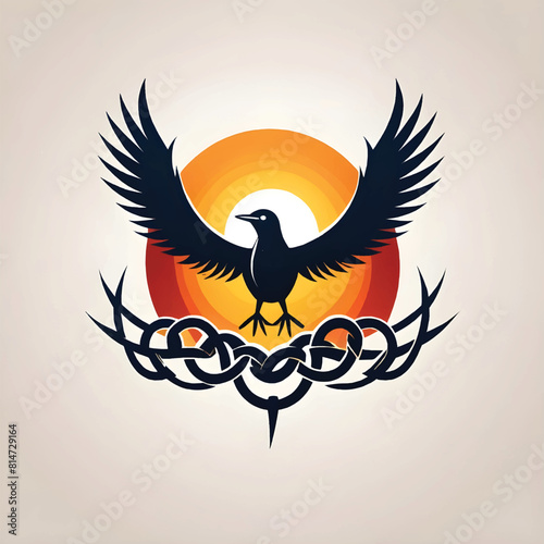 a bird with wings opened and chains under it, with suns setting behind it