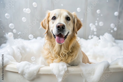 Close-up. A golden retriever is bathing in a bubble bath. Washing the dog. The concept of pet care.