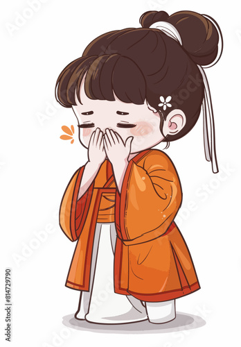 a woman in an orange kimono is covering her mouth