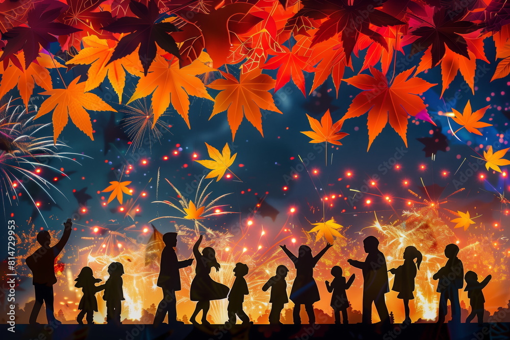 Vibrant Autumn Festival Scene with Fireworks and Children's Silhouettes Vibrant Autumn Festival Scene with Fireworks and Children's Silhouettes