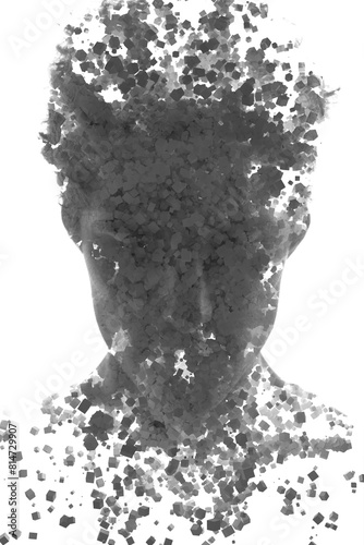 A 3D cubes pattern double exposure full front male portrait