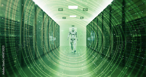 Slowly Walking High Tech AI Robot In A Server Room. Technology Related 3D Render.