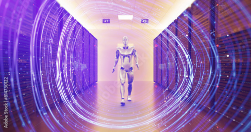 AI Controlled Server Room. Modern Robot Walking Confidently. Technology Related 3D Render.