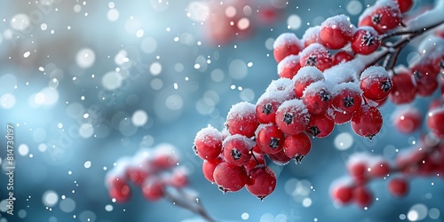 Winter background with red viburnum berries covered with hoarfrost