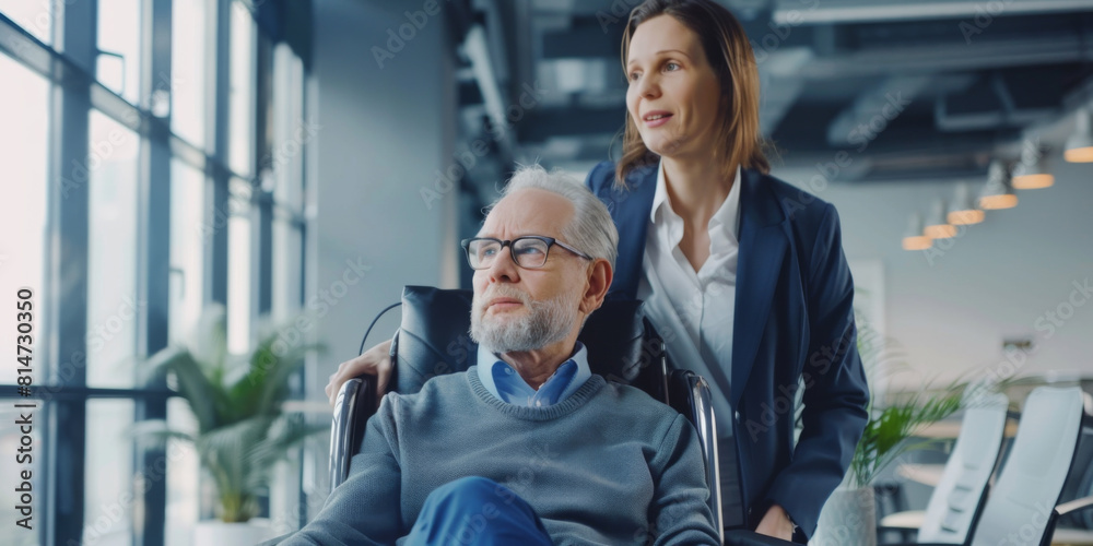 Inclusion at workplace concept - an employee in a wheelchair working comfortably at a specially designed accessible desk Inclusion at workplace concept - an employee in a wheelchair working comfortably at a specially designed accessible desk
