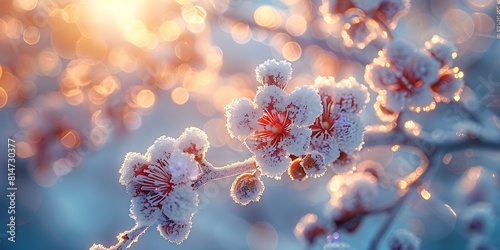 Winter background with snow-covered branch of a blossoming tree.