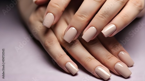 close-up of a woman s hands manicured in tasteful neutral hues. On long  square nails with a lovely application of soft pink gel polish against a backdrop of neutral gray