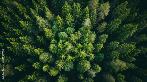 A lush green forest canopy is seen from a birds eye view. The trees are all different shades of green, and the sunlight is shining through the leaves.