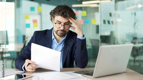 Overworked businessman is tired doing paperwork sitting at desk at workplace in business office. Worker man in formal suit is overtired and bored. Overload exhausted financier has difficulties at work