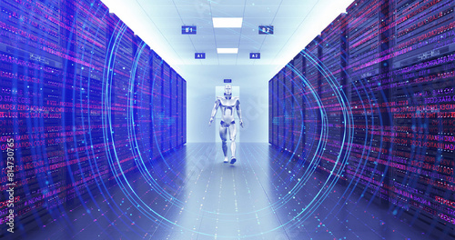 Powerful AI Futuristic Robot Slowly Walking In A Modern Data Center. Technology Related 3D Render.