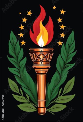 a logo of a torch with fire burning on it and plants next to it with stars on the top of it