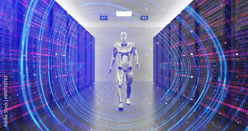 AI Controlled Modern AI Robot Confidently Walking In Data Center. Technology Related 3D Render.