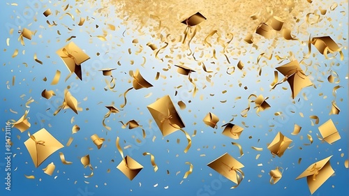 Banner featuring golden foil confetti and graduation hats flung skyward set against a background of blue skies. Congratulations, graduates. Vector illustration that is horizontal and has copy space.