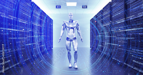 Futuristic AI Robot Slowly Walking In A Modern Server Room. Technology Related 3D Render.