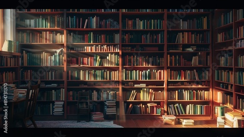 Books are on the Bookshelf. A Big Library. Home.