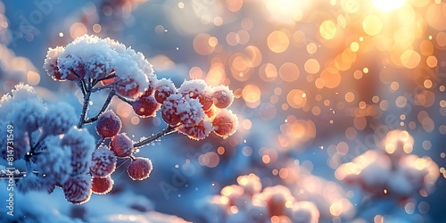 Frozen viburnum berries covered with hoarfrost. Winter background photo