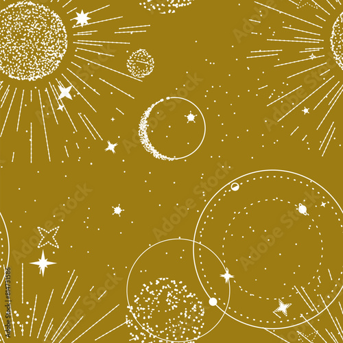 Celestial mystic universe background pattern, sun burst frame with stars, moon phases, crescents, arrows and copy space. Ornate ray line shiny magical linear geometric seamless pattern. Ornate design