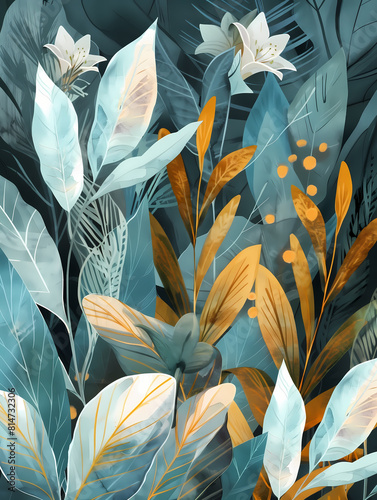 Stylized Botanical Illustration with Exotic Leaves and Flowers