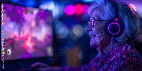 Elderly woman joyfully gaming with wireless headphones in internet cafe. Concept Elderly  Senior Citizen  Gaming  Wireless Headphones  Internet Cafe