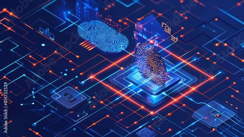 A detailed graphic of a fingerprint unlocking a blockchain, illustrating biometric security measures