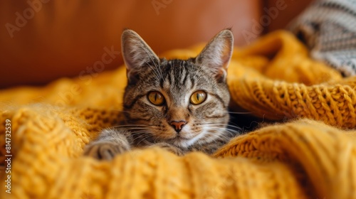 A curious cat on a cozy orange background