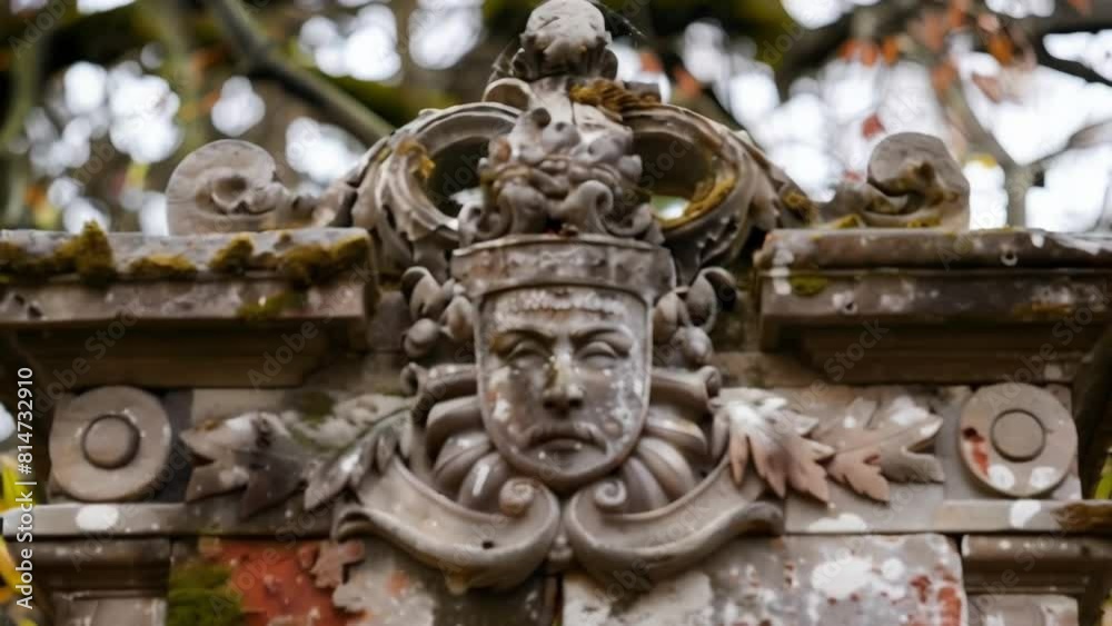 The faded coat of arms emblazoned on the gates hinted at a long and storied history filled with tragedy and mystery. 2d flat cartoon. The faded coat of arms emblazoned on the gates hinted at a long and storied history filled with tragedy and mystery. 2d flat cartoon.