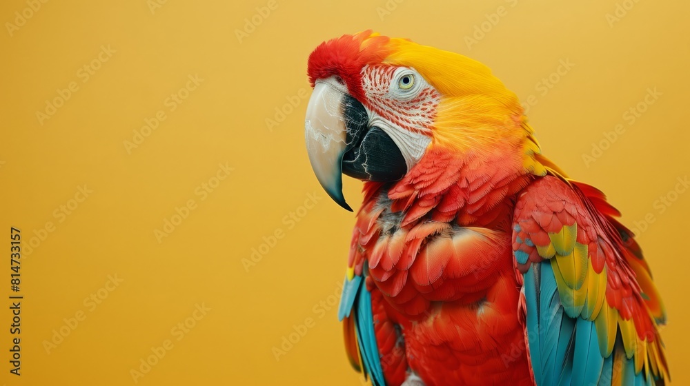 Fototapeta premium A colorful macaw on a clean yellow background