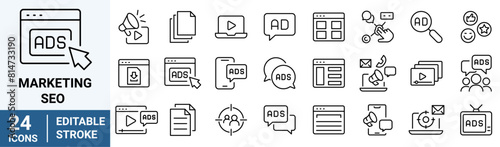 Marketing and Seo line web icons Digital marketing. Containing seo, content, website, social media. Editable stroke.