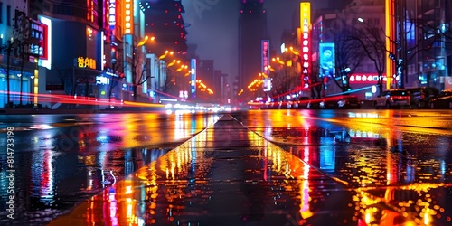Vibrant modern Chinese city nights with neon lights and empty streets. Concept Urban Nightscapes, Neon Lights, Contemporary Cityscape, Empty Streets, Modern Chinese City