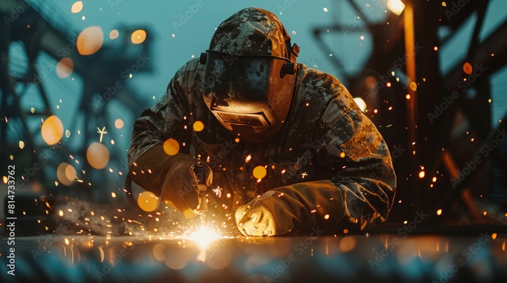 A welder in protective gear working with sparks flying around in an industrial setting. A welder in protective gear working with sparks flying around in an industrial setting.