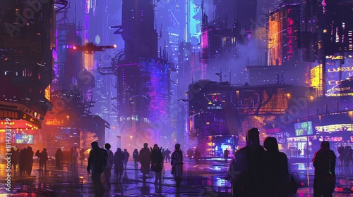 Science fiction art of a dystopian society facing misinformation threats  in a cyberpunk style with neon accents