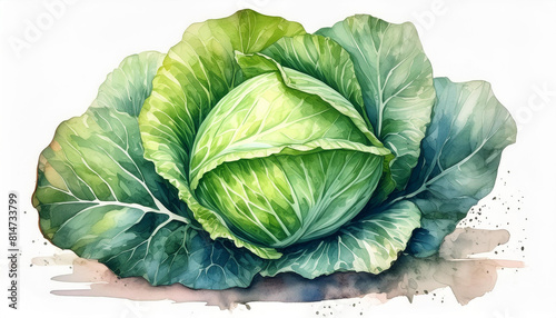 Watercolor illustration of fresh green cabbage. Healthy farm vegetable. Vegan, organic food.