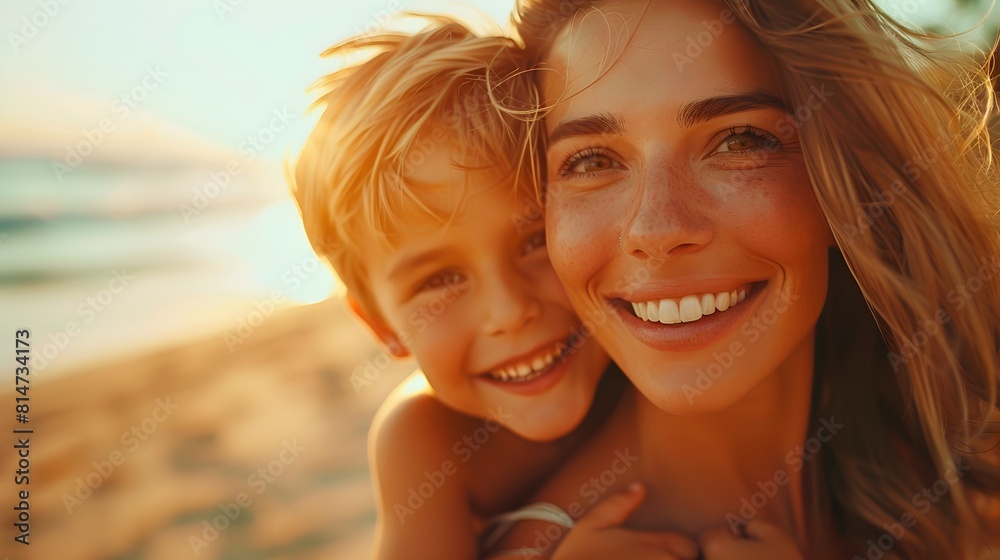 Mother and son on a day together on the beach at sunset. Concept: love, bond, fun Mother and son on a day together on the beach at sunset. Concept: love, bond, fun