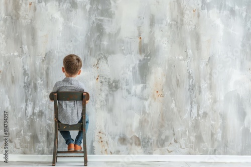 A poignant image of a young boy and his teddy bear sitting on stools facing a wall, illustrating a timeout scene. photo