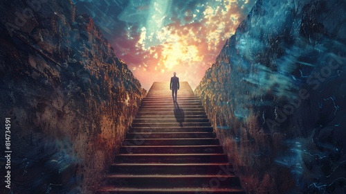 Conceptual image of a businessman walking up a stairway to heaven photo