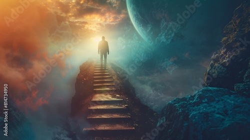 Conceptual image of a businessman walking up a stairway to heaven photo