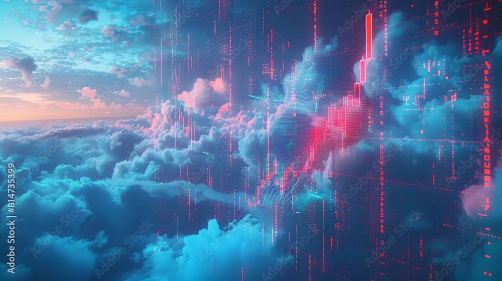Fototapeta premium A dramatic scene of financial charts and digital currency symbols projected onto clouds, representing the vast potential of DeFi