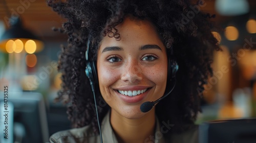 Closeup of a female call center agent smiling warmly at her screen, indicative of a positive customer interaction photo