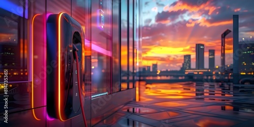Futuristic electric vehicle charging station with zeroemission focus against urban backdrop. Concept Green Technology, Electric Vehicles, Sustainability, Urban Infrastructure, Zero Emission photo
