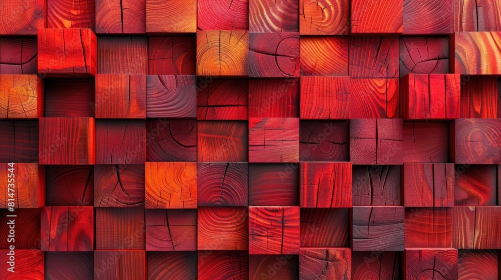 A grid of wooden blocks, each stained in varying shades of red and orange. The blocks are arranged in a geometric pattern, creating a textured and vibrant background - AI Generated Digital Art A grid of wooden blocks, each stained in varying shades of red and orange. The blocks are arranged in a geometric pattern, creating a textured and vibrant background - AI Generated Digital Art