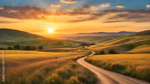 A serene countryside road winding through rolling hills and fields of wildflowers, with a golden sunset casting a warm glow over the landscape.