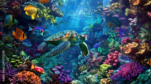 Underwater scene with a sea turtle swimming over a colorful coral reef. The turtle is surrounded by a variety of fish and other sea creatures.