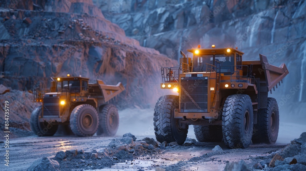 Two front loaders facing opposite in a rock quarry at dusk. Two front loaders facing opposite in a rock quarry at dusk.