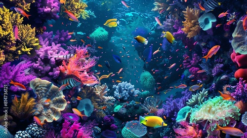 Underwater world full of vibrant coral and colorful fish.